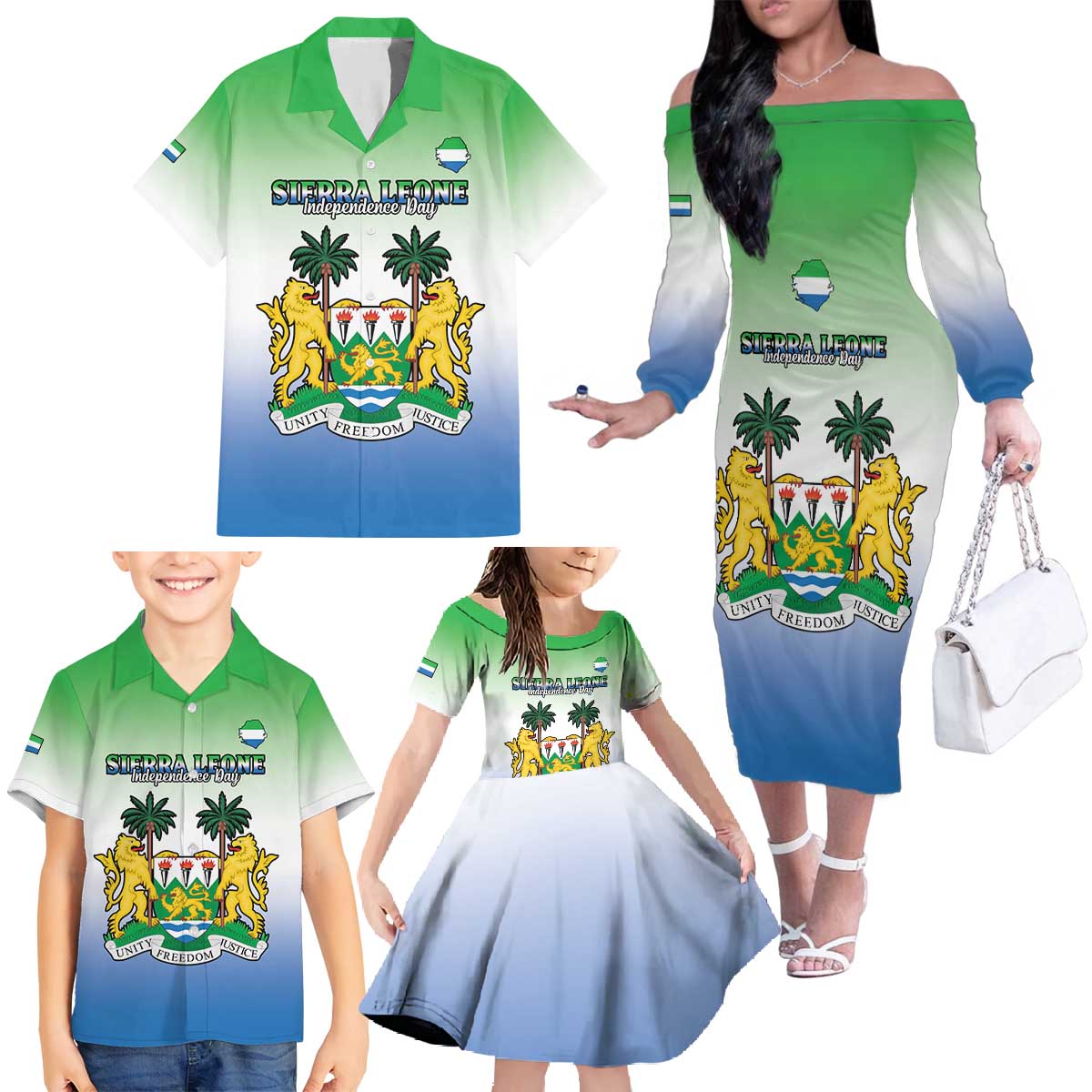 Personalised Sierra Leone Family Matching Off The Shoulder Long Sleeve Dress and Hawaiian Shirt Happy Independence Day