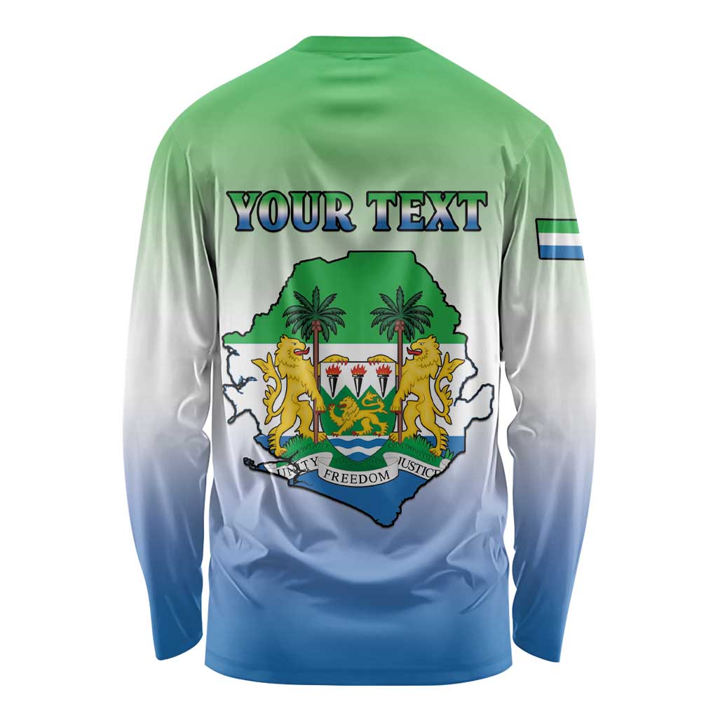Long-sleeve Sierra Leone Independence Day shirt, crest with custom text, green-to-blue