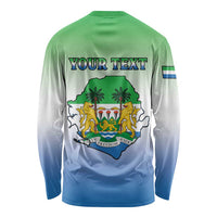 Long-sleeve Sierra Leone Independence Day shirt, crest with custom text, green-to-blue