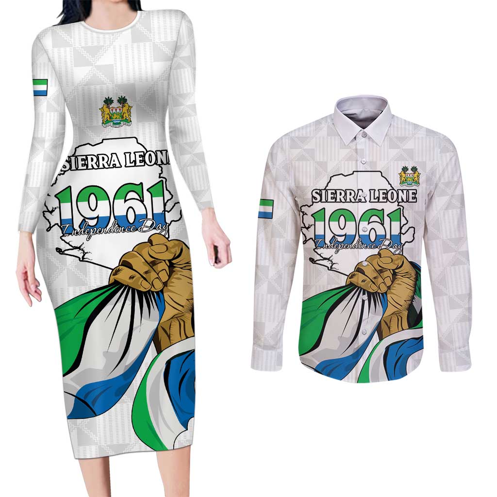 Personalised Sierra Leone Independence Day Couples Matching Long Sleeve Bodycon Dress and Long Sleeve Button Shirt Map With Kente Pattern