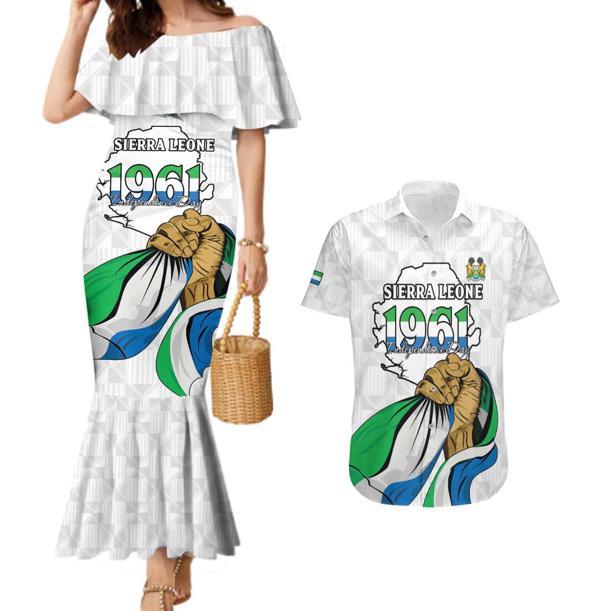 Personalised Sierra Leone Independence Day Couples Matching Mermaid Dress and Hawaiian Shirt Map With Kente Pattern