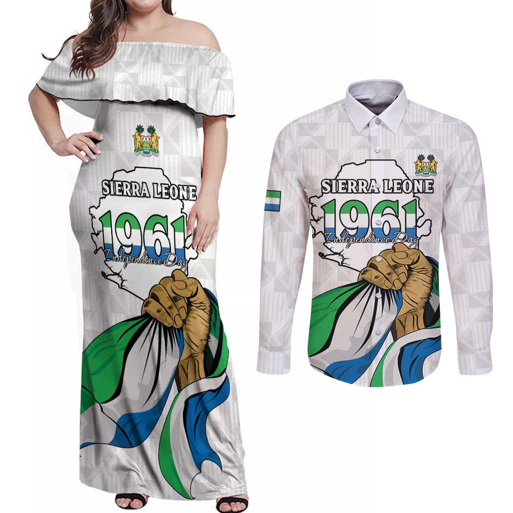 Personalised Sierra Leone Independence Day Couples Matching Off Shoulder Maxi Dress and Long Sleeve Button Shirt Map With Kente Pattern