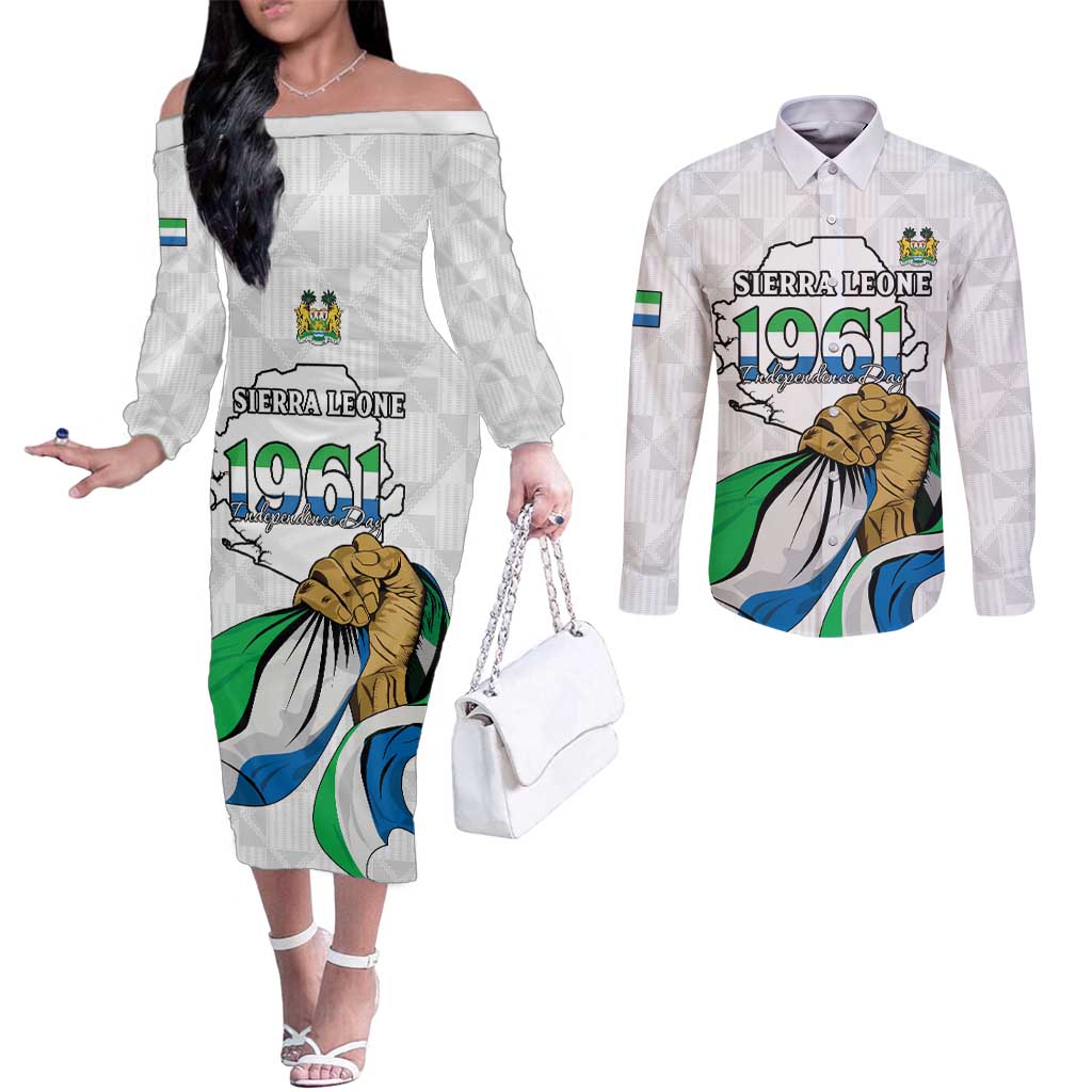 Personalised Sierra Leone Independence Day Couples Matching Off The Shoulder Long Sleeve Dress and Long Sleeve Button Shirt Map With Kente Pattern