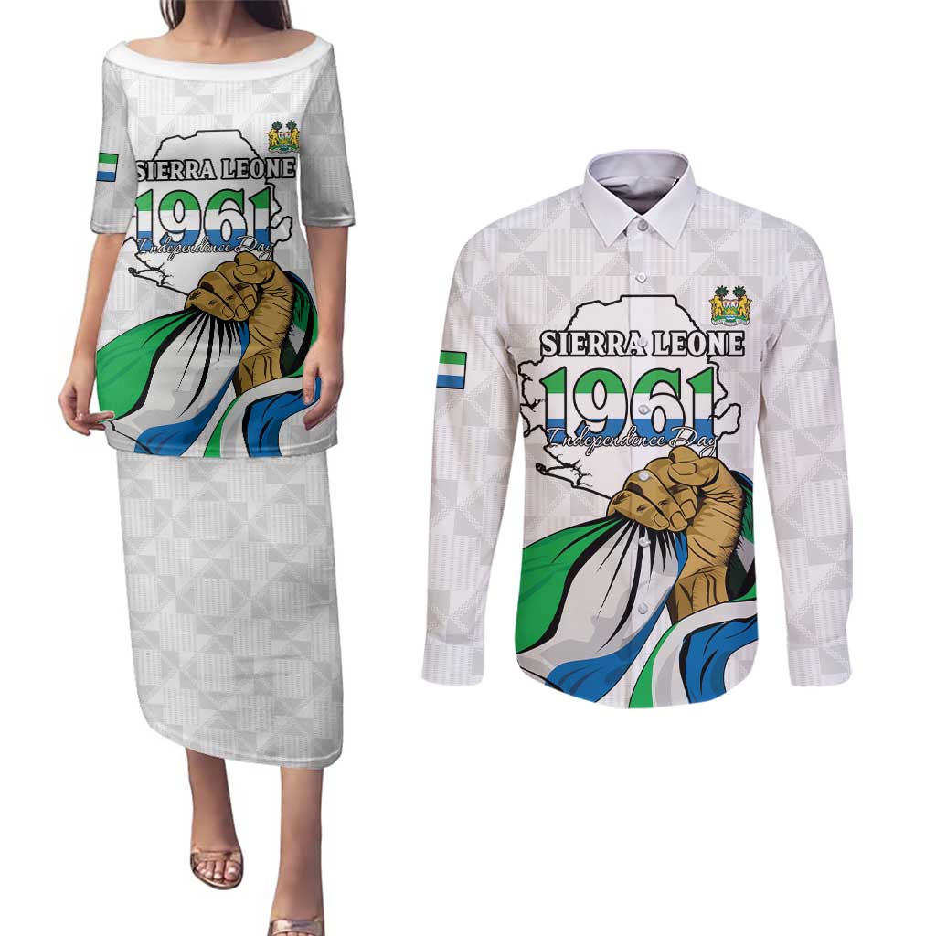 Personalised Sierra Leone Independence Day Couples Matching Puletasi and Long Sleeve Button Shirt Map With Kente Pattern