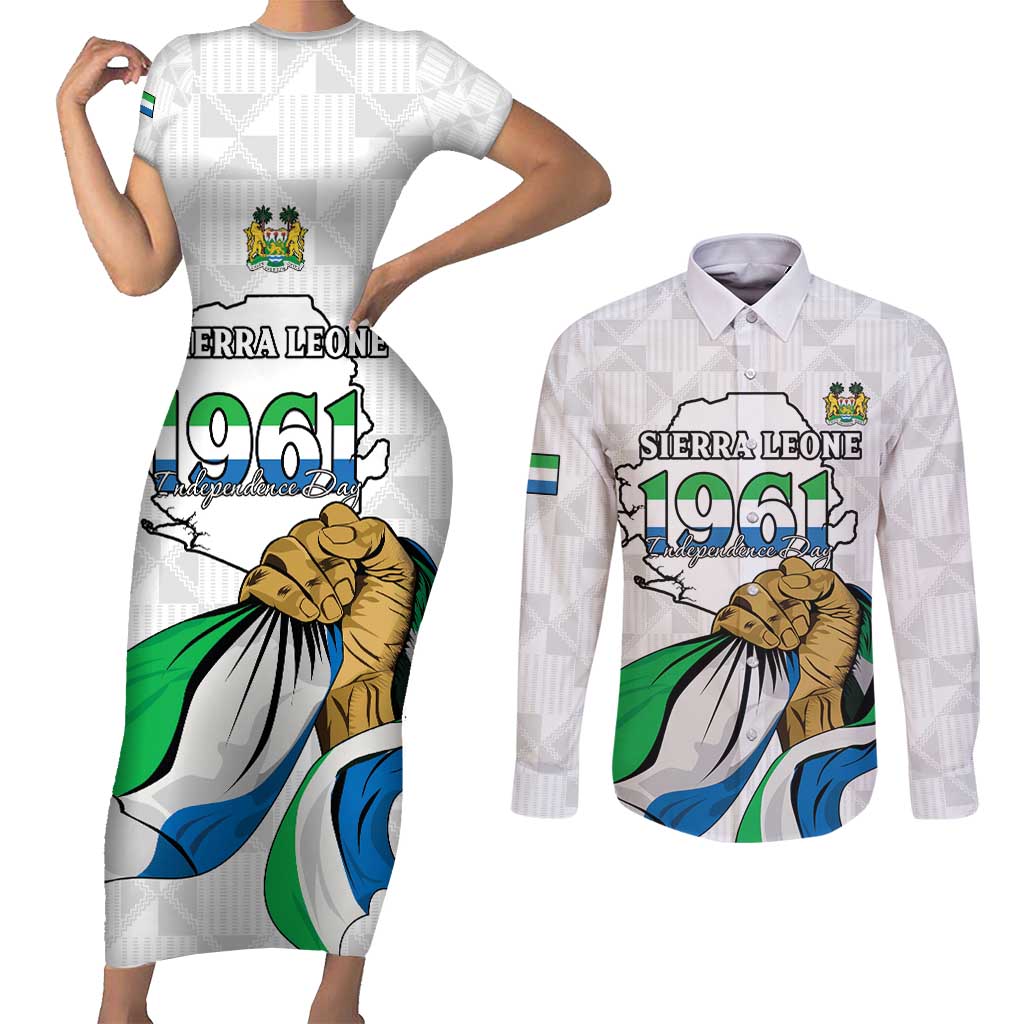 Personalised Sierra Leone Independence Day Couples Matching Short Sleeve Bodycon Dress and Long Sleeve Button Shirt Map With Kente Pattern