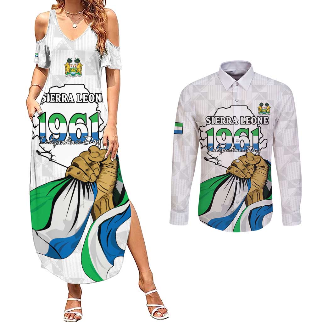 Personalised Sierra Leone Independence Day Couples Matching Summer Maxi Dress and Long Sleeve Button Shirt Map With Kente Pattern