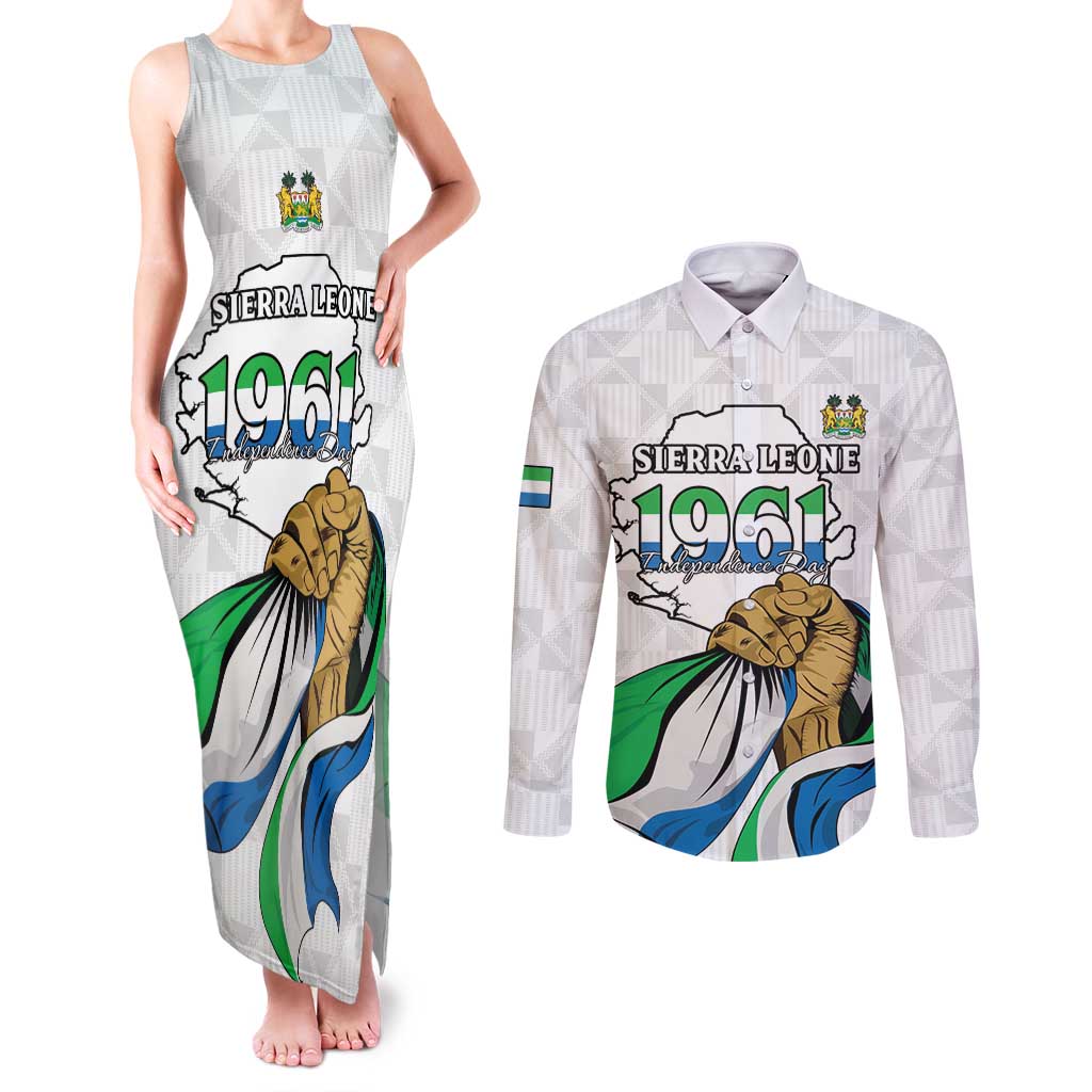 Personalised Sierra Leone Independence Day Couples Matching Tank Maxi Dress and Long Sleeve Button Shirt Map With Kente Pattern