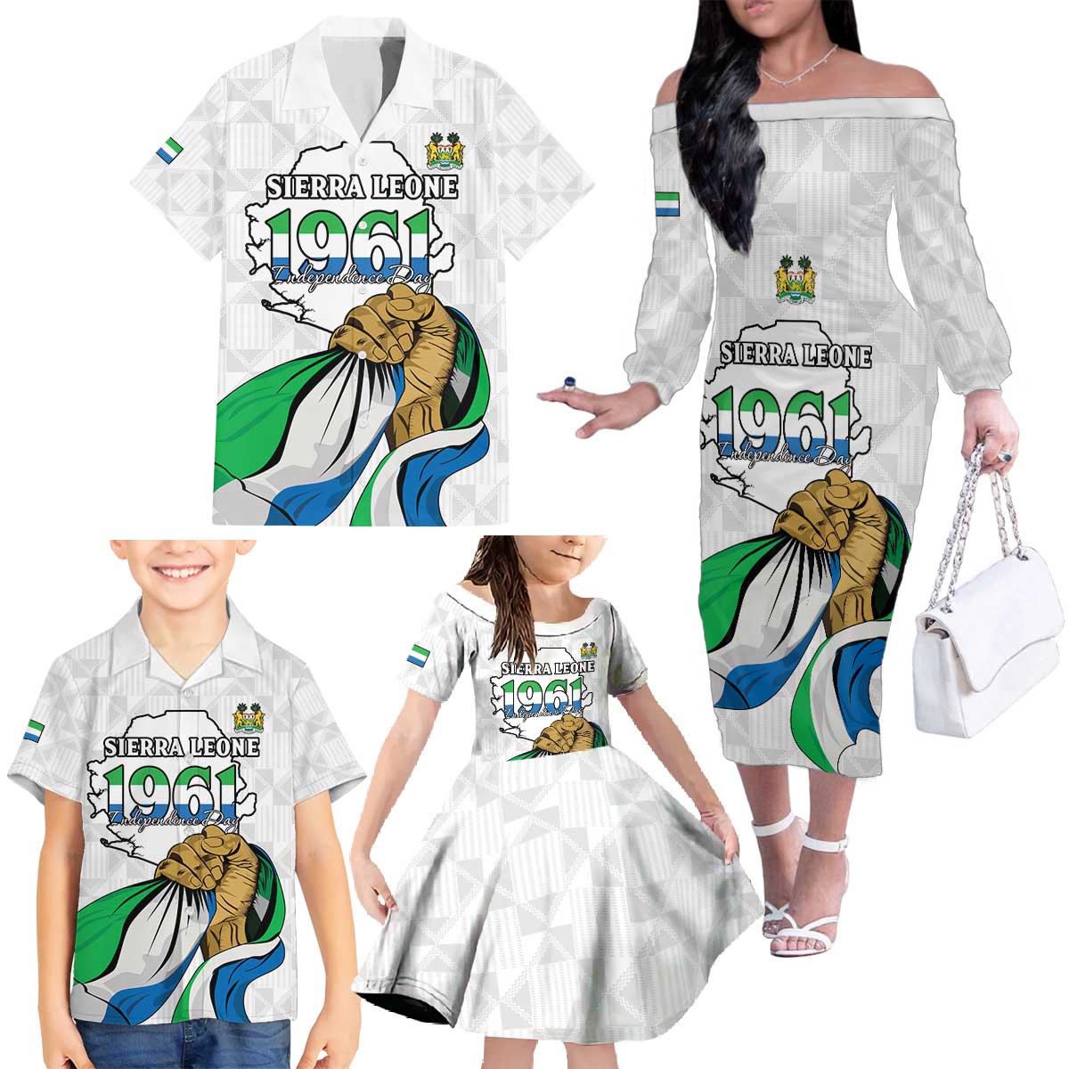 Personalised Sierra Leone Independence Day Family Matching Off The Shoulder Long Sleeve Dress and Hawaiian Shirt Map With Kente Pattern