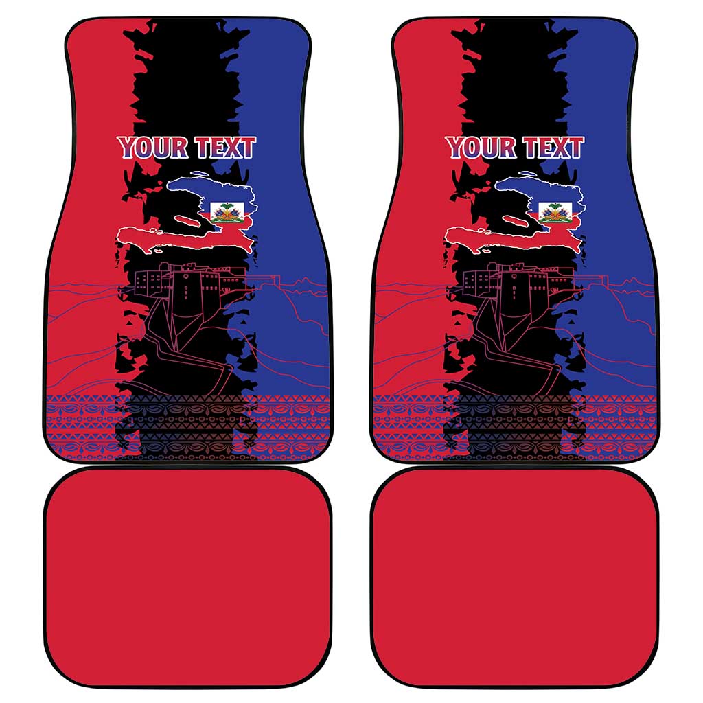 Set of four car mats: red and blue patterned fronts with “Your Text” and solid red backs