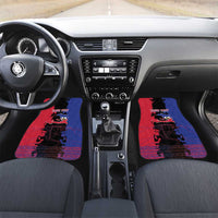 Car floor mats featuring blue-and-red patterned design with “Your Text” in driver and passenger seats
