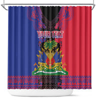 Personalized heritage shower curtain, blue/red panels with central emblem and YOUR TEXT