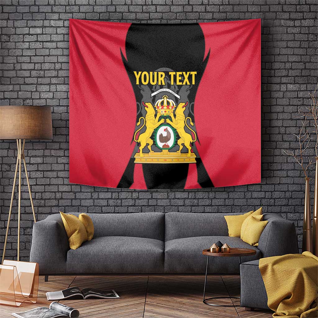 Red tapestry with black center panel, golden emblem, and “YOUR TEXT” at top.