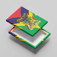 Personalized green canvas wall art, “YOUR TEXT” and crest artwork on angled display