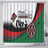 Madaraka Day shower curtain with Kenya flag shield, crowd silhouette and tribal emblem