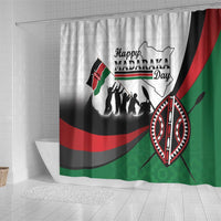 Madaraka Day shower curtain with circular Maasai shield, crowd silhouette and Kenya colors