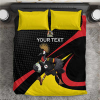 Black and yellow rugby bedding set with crowned crane mascot and red diagonal accents