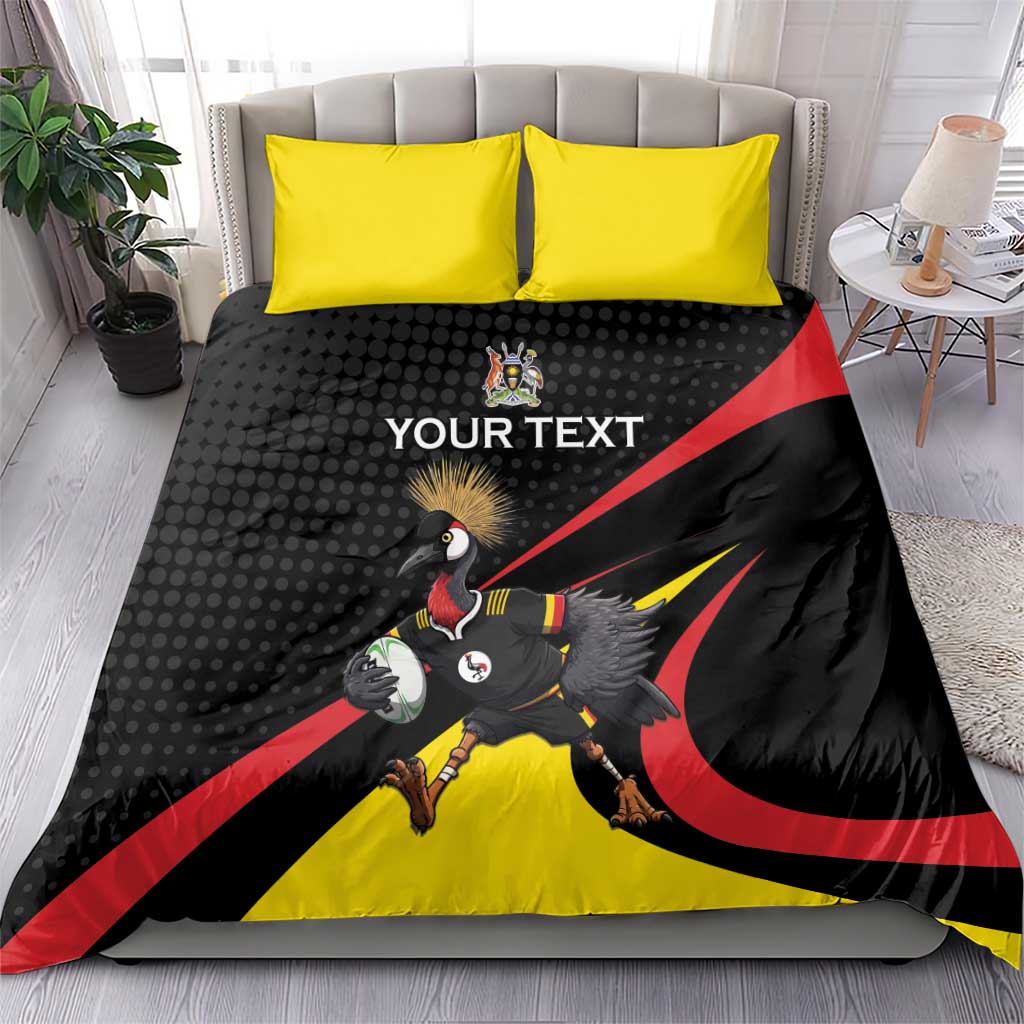 Black and yellow rugby bedding set with two yellow pillows, crowned crane mascot, red accents
