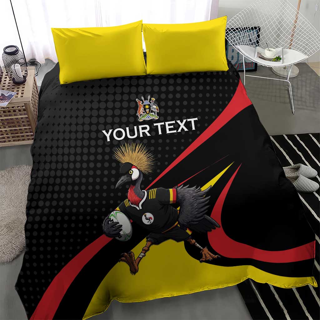 Black and yellow rugby bedding set with crowned crane mascot, red diagonal lines, “YOUR TEXT”