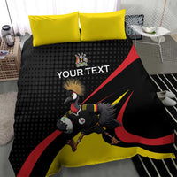 Black and yellow rugby bedding set with crowned crane mascot, red diagonal lines, “YOUR TEXT”