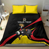 Black and yellow rugby bedding set with two yellow pillows and crowned crane mascot graphic