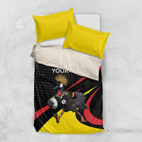Black and yellow rugby bedding set with crowned crane mascot, red diagonal stripe design