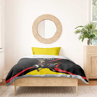 Black and yellow rugby bedding set with crowned crane mascot, red accents, and a yellow pillow