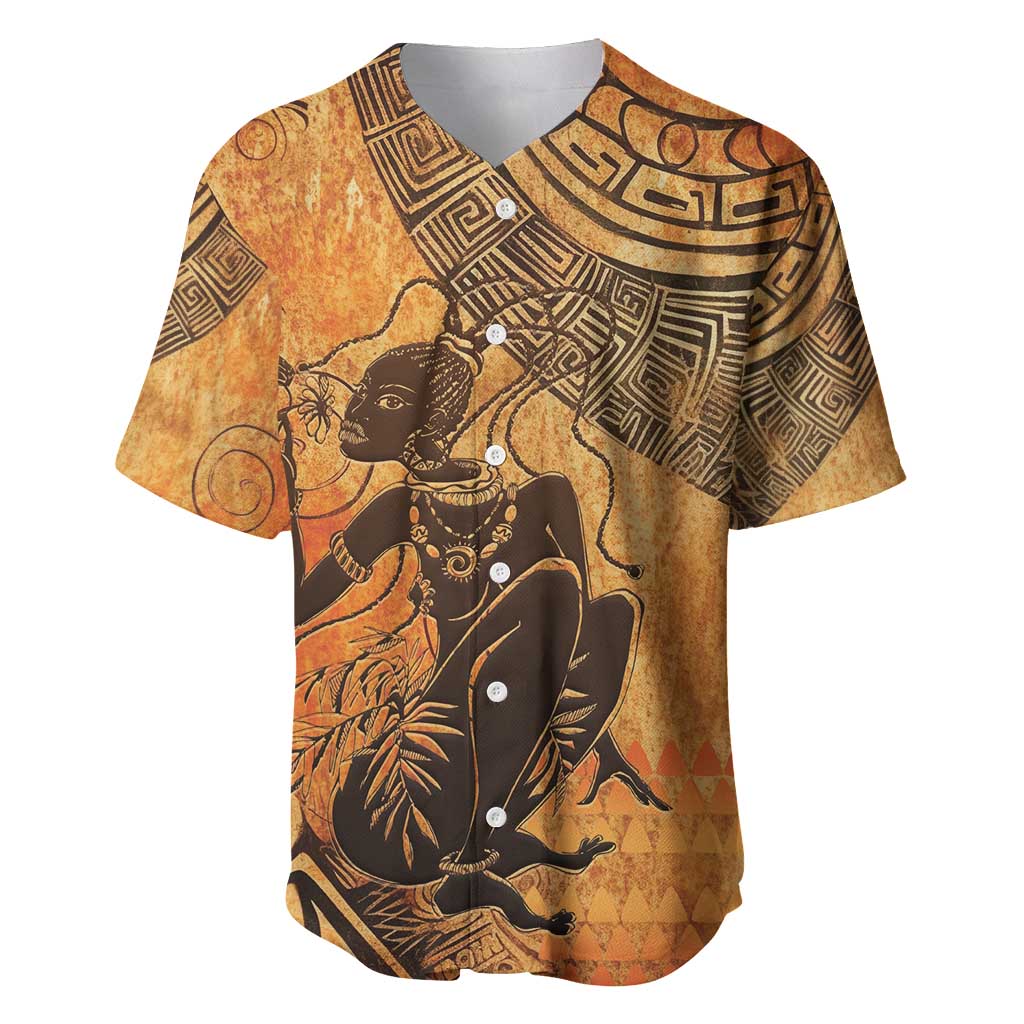 Women's brown baseball jersey with tribal patterns and woman portrait
