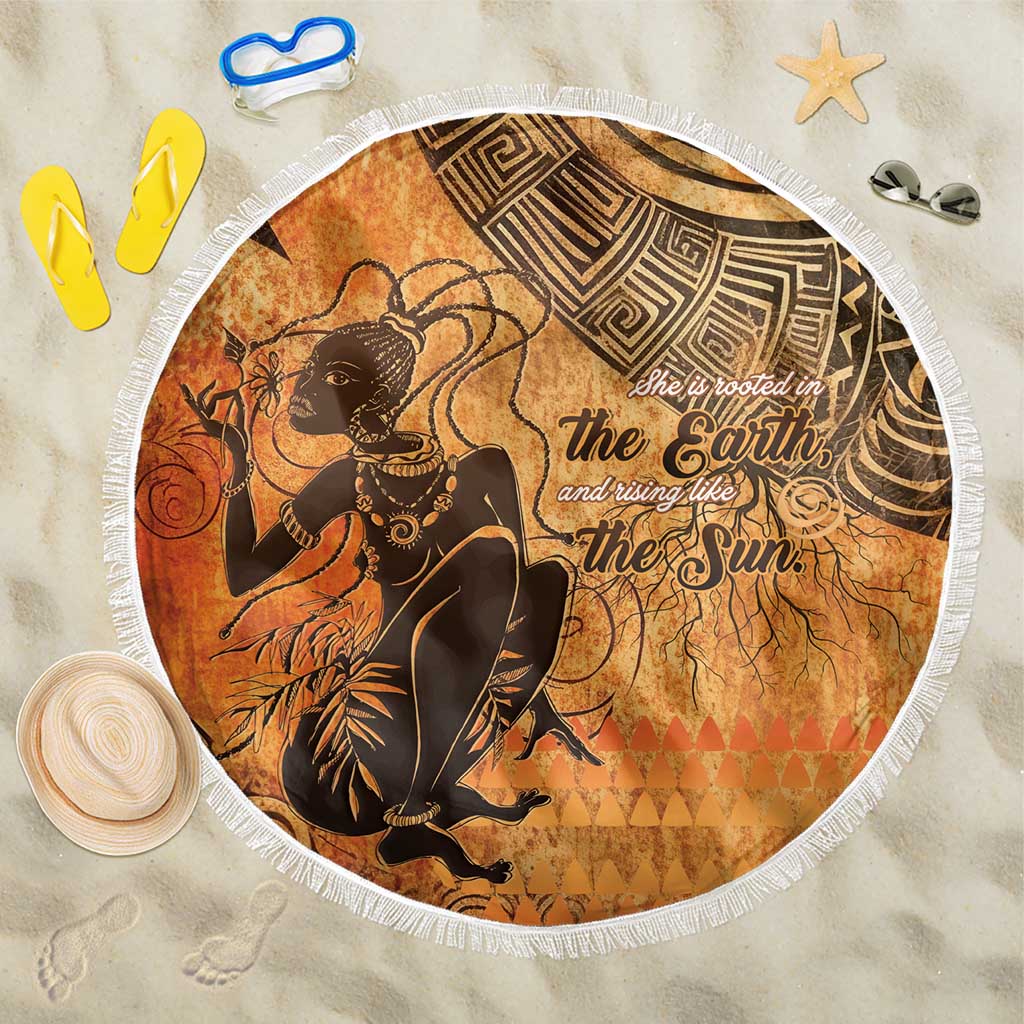 Round brown beach blanket, fringed edge, illustrated African woman scene, 150cm
