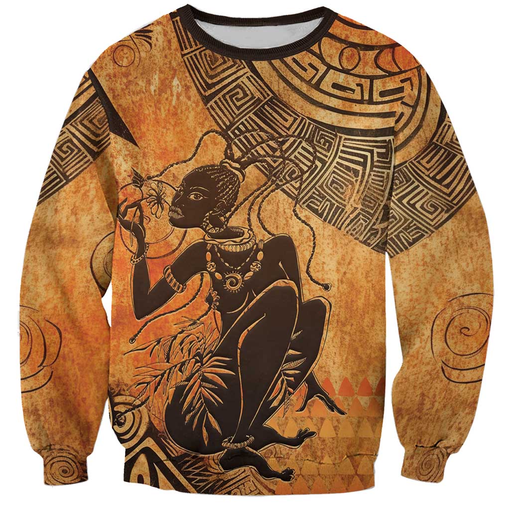 Brown unisex sweatshirt with seated African woman and geometric pattern graphic