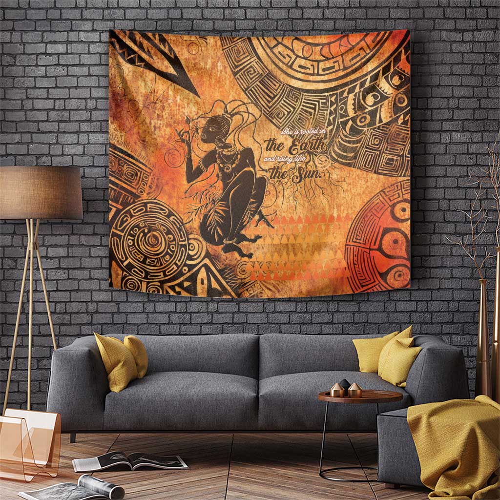 African-style tapestry wall hanging with woman silhouette, earth-and-sun text, tribal patterns