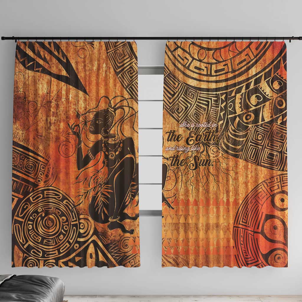 Brown African-style window curtains with black tribal elephant and circular patterns.