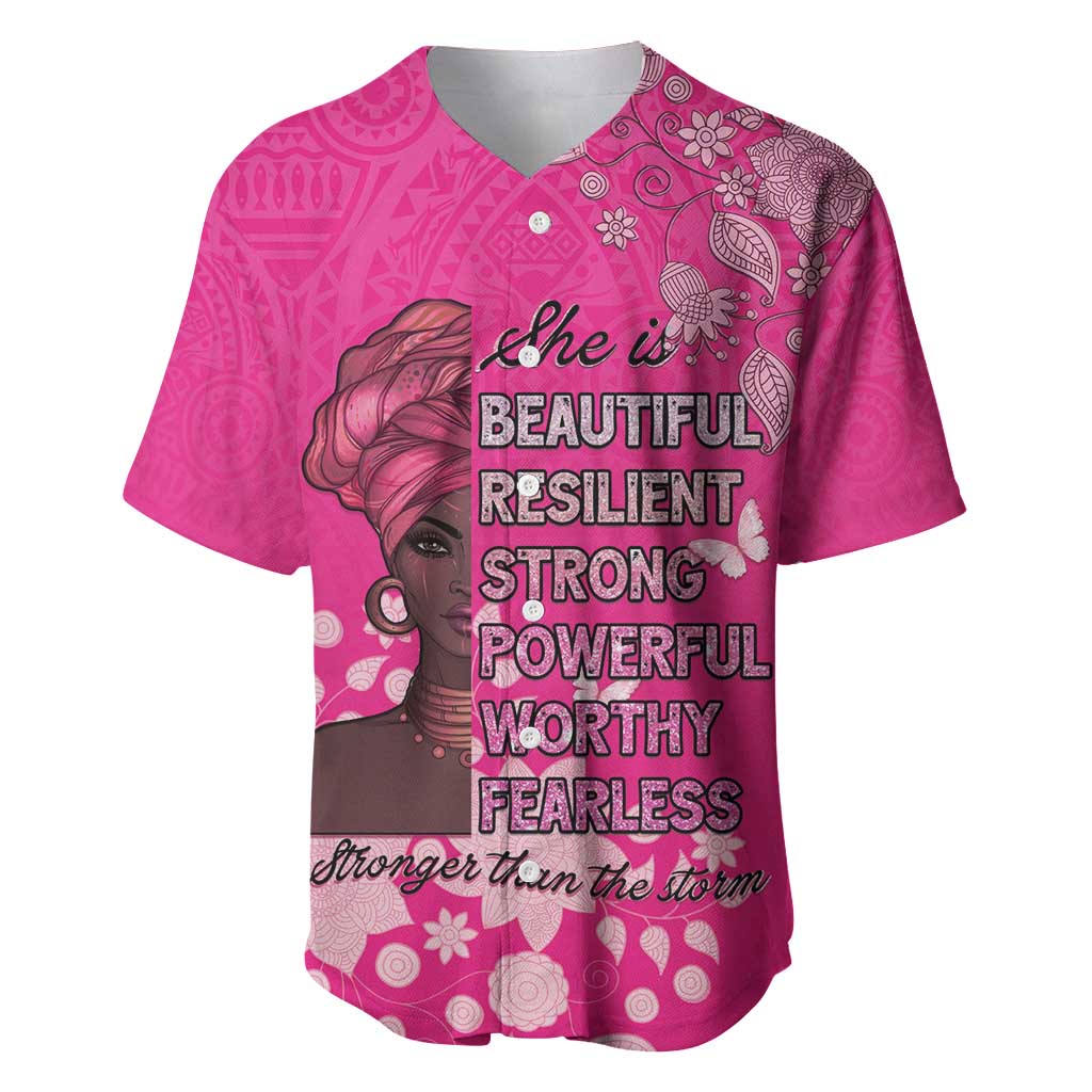 Women's pink baseball jersey with V-neck buttons and bold portrait graphic