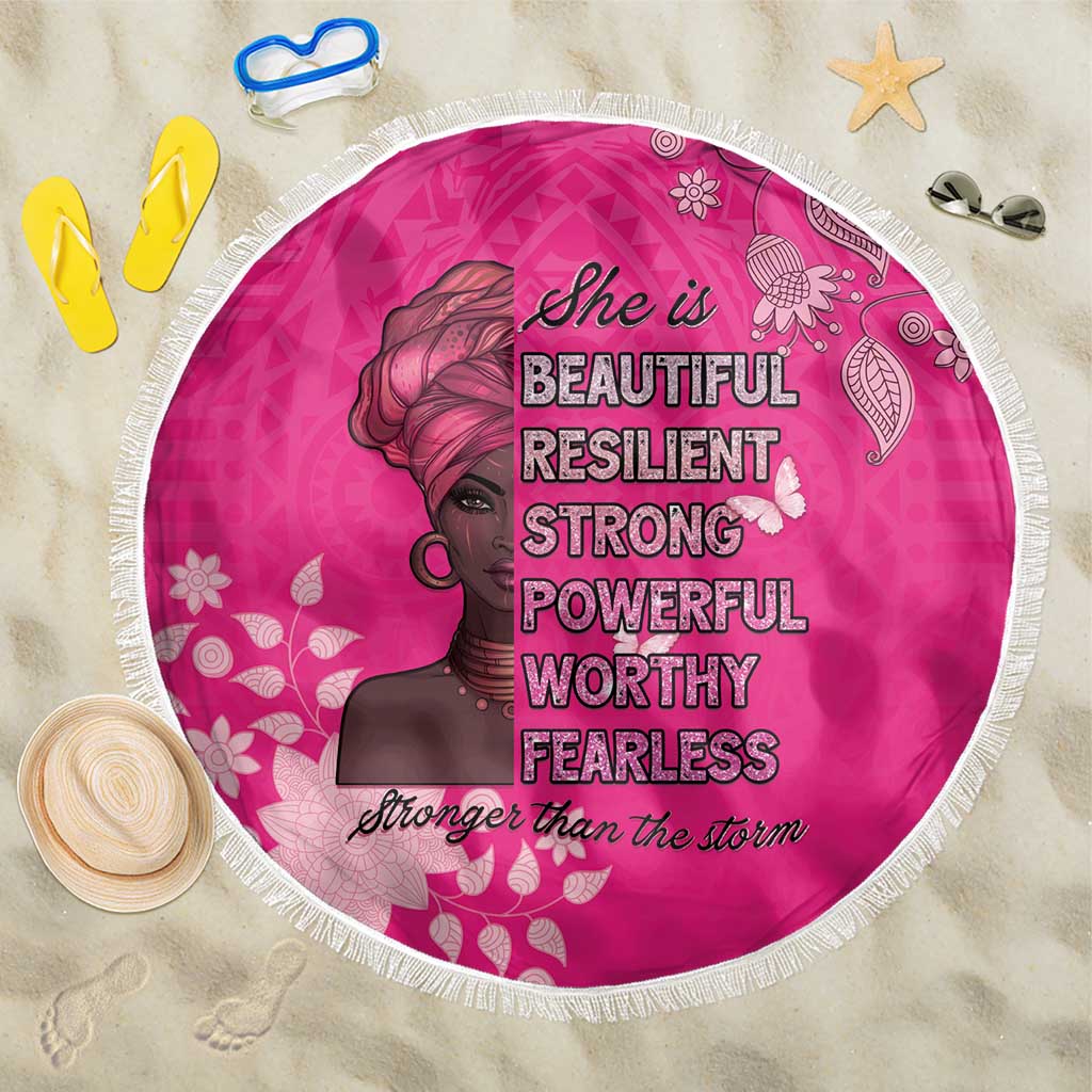 Pink round beach blanket with fringe edge, woman portrait and bold motivational text