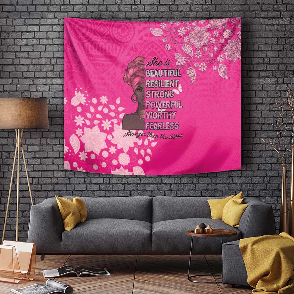 Pink tapestry wall hanging with female silhouette and motivational quote, pink and black