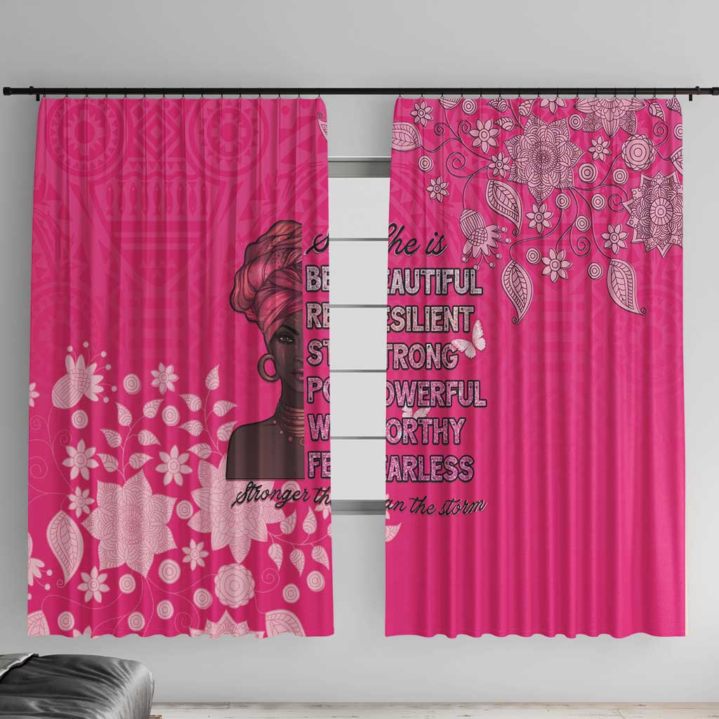 Pink printed window curtain set with woman silhouette and decorative motifs
