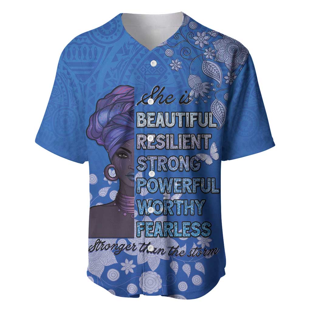Blue baseball jersey with front button placket and bold motivational text graphic.