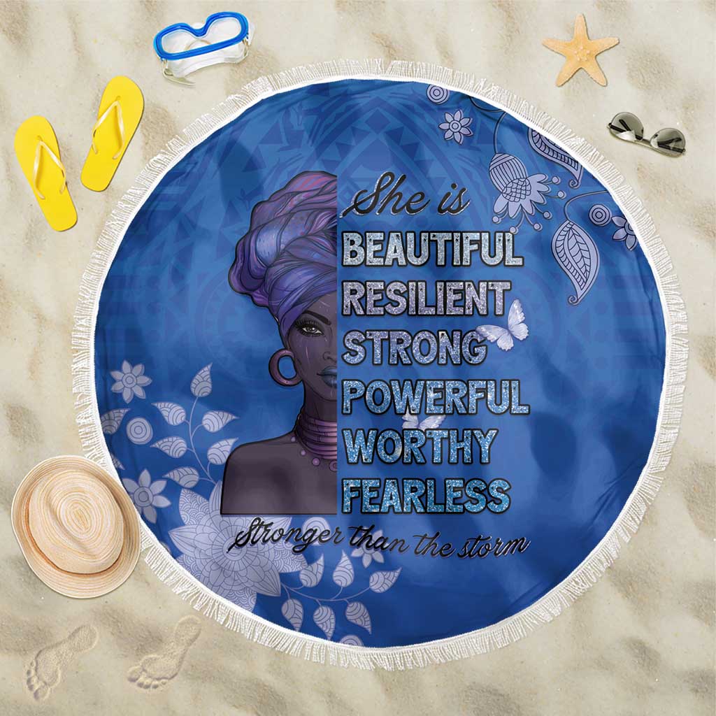 Round blue beach blanket with fringe, woman portrait and bold quote text
