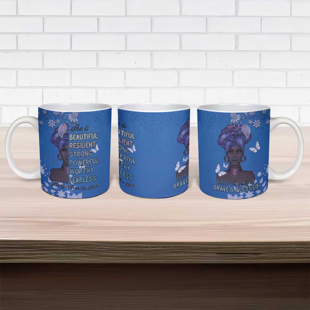 African Women Ceramic Mug Black Beautiful Brave and Bressed - Blue Color - Wonder Print Shop