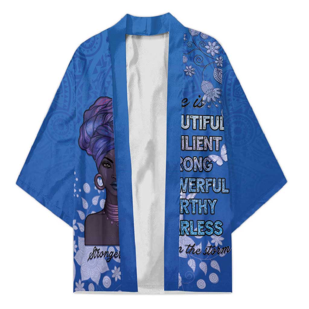 African Women Kimono Black Beautiful Brave and Bressed - Blue Color - Wonder Print Shop