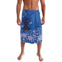 Blue printed lavalava skirt with elastic waistband, knee length, floral face graphic