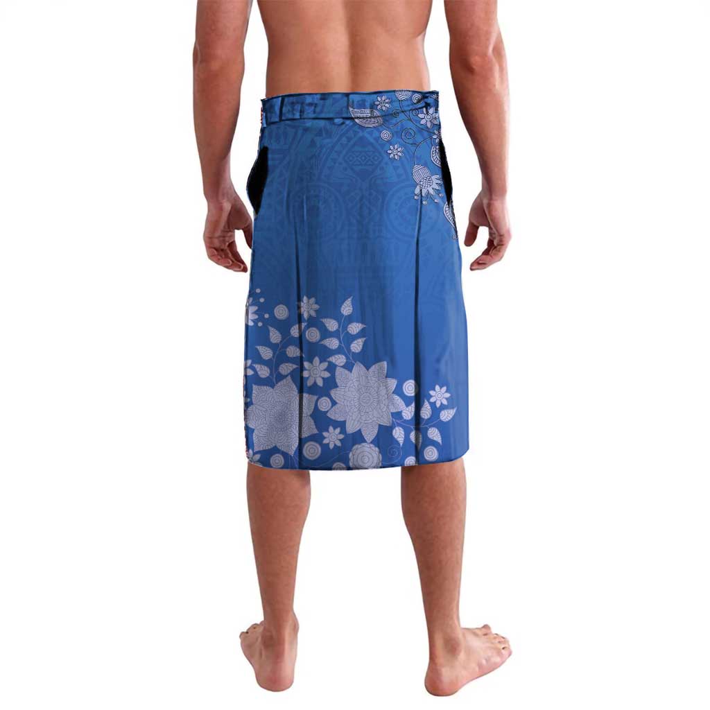 Blue printed lavalava skirt with elastic waistband and floral pattern, knee length