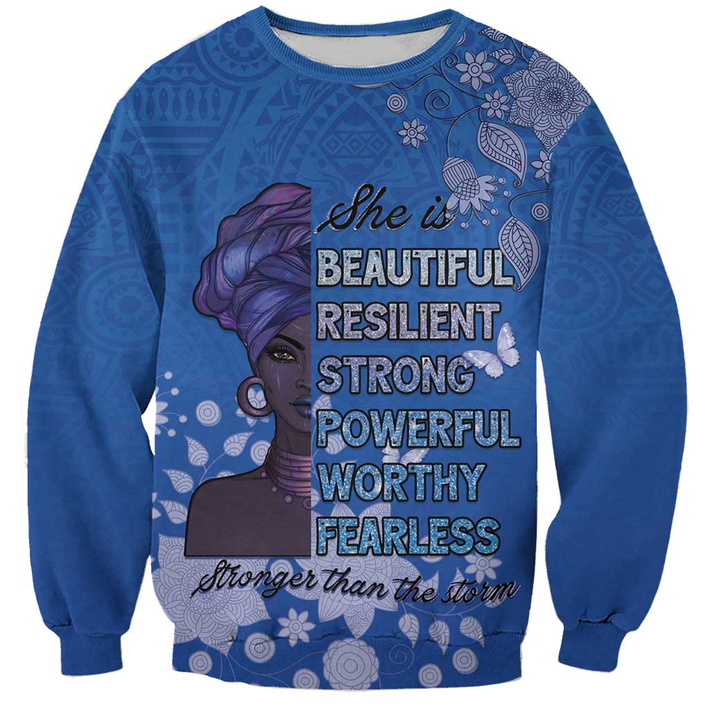 Blue sweatshirt with front graphic woman portrait and motivational quote print, long sleeves