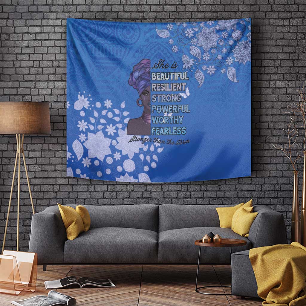 Blue African women tapestry with side-profile woman and floral butterflies artwork