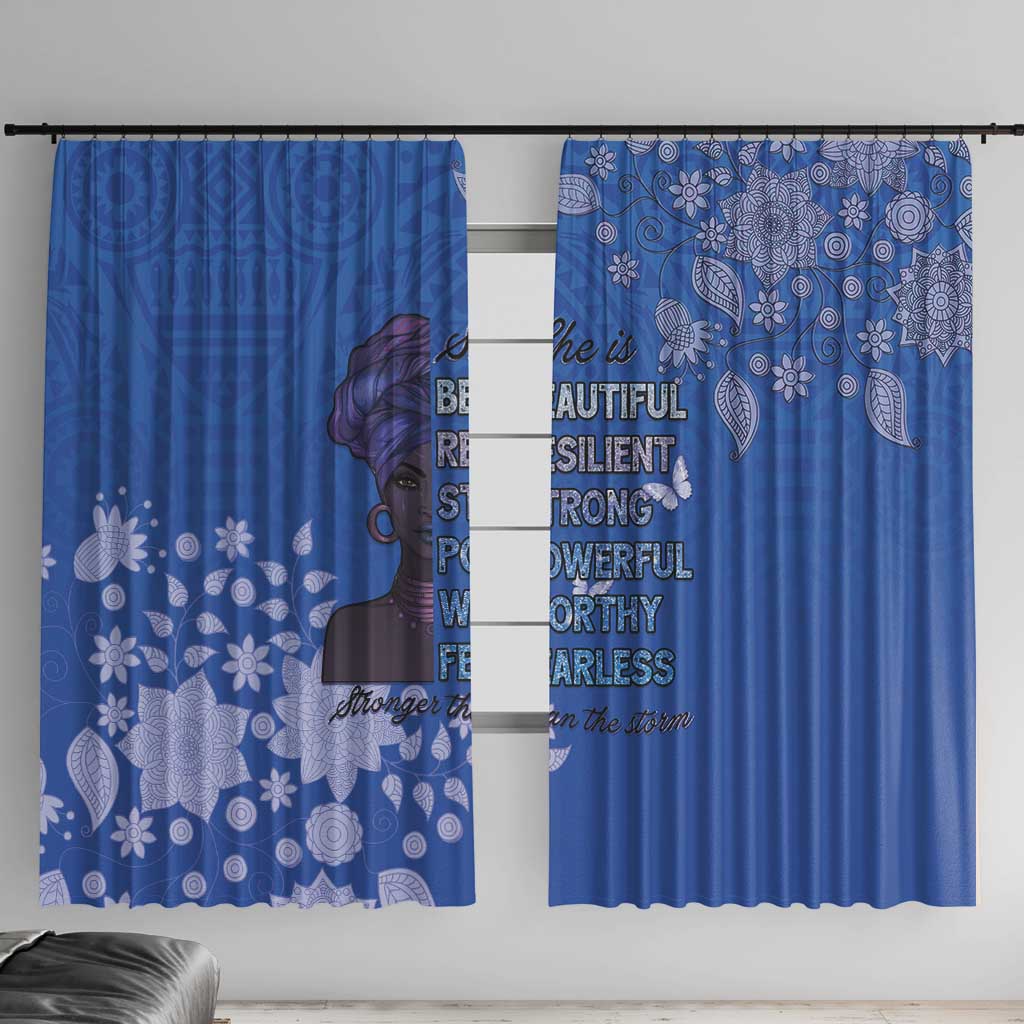 Blue printed window curtain set with floral motifs and a central female figure panel