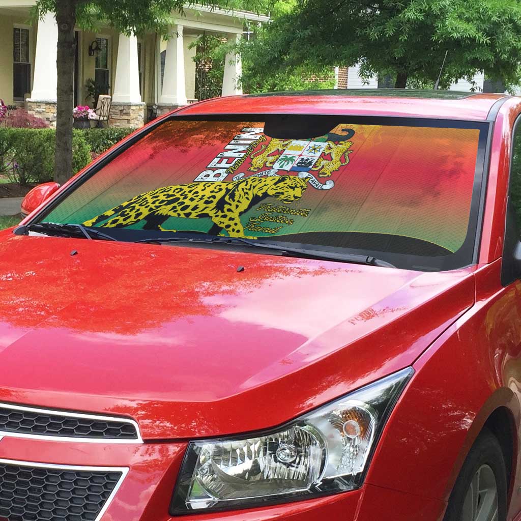 Auto sun shade on red car windshield with Benin coat of arms and leopard graphic