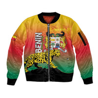 Unisex yellow zip bomber jacket with leopard and coat-of-arms graphic on front