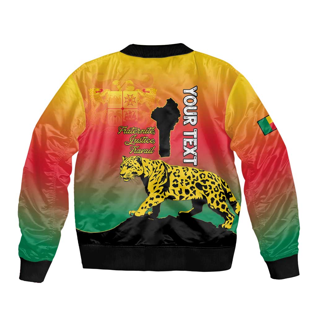 Unisex yellow zip bomber jacket with leopard graphic and colorful flag stripes on back