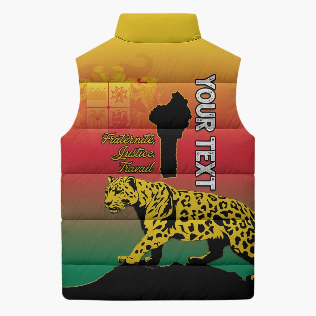 Leopard graphic sleeveless puffer jacket vest, back view with vertical text and coat-of-arms