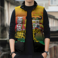 Unisex sleeveless puffer jacket vest with leopard and coat-of-arms design, front zipper closed