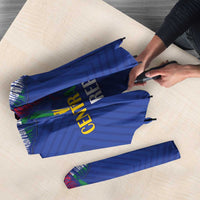 Blue football umbrella close-up showing printed fabric panels